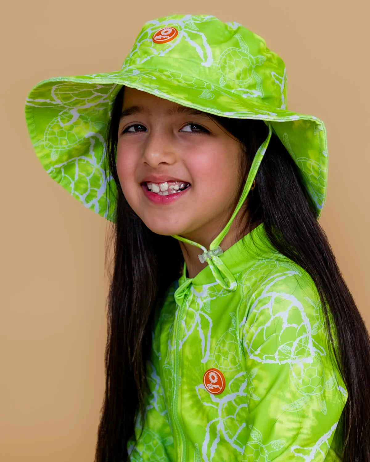 Turtle-Tastic kids swim bucket hat with chin strap, photo 3 – bright UPF50+ round brim beach hat by Cucumber Cool