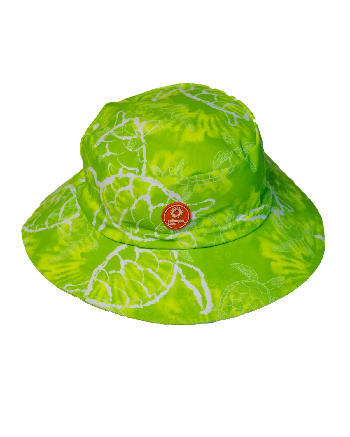Turtle-Tastic kids swim bucket hat with chin strap, big kids size, flat lay – bright UPF50+ round brim beach hat by Cucumber Cool