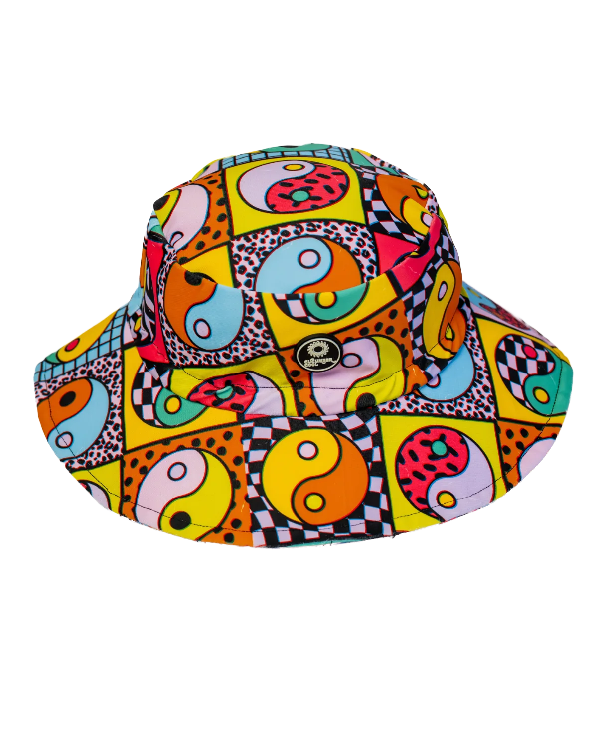Yin Yang Yeah! kids swim bucket hat with chin strap, big kids size, flat lay – bright UPF50+ round brim beach hat by Cucumber Cool
