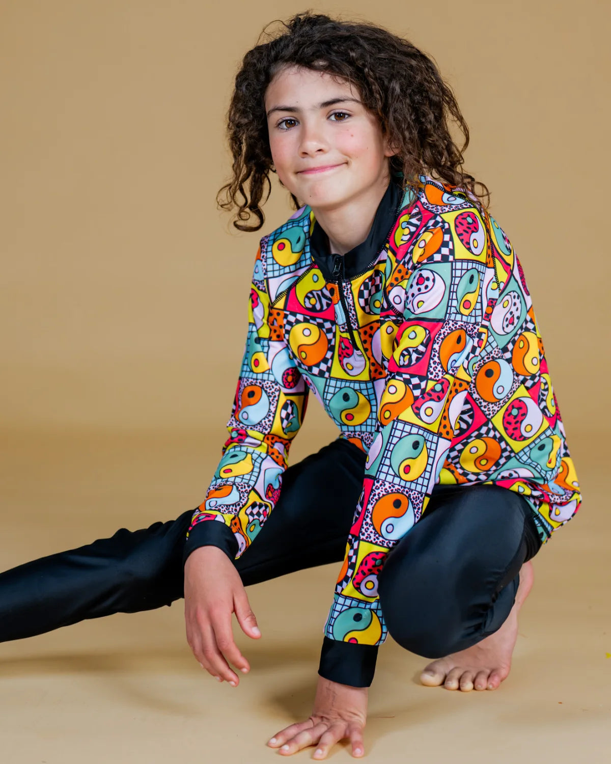 Yin Yang Yeah! kids long sleeve rash top, photo 3 – bright UPF50+ rash vest by Cucumber Cool